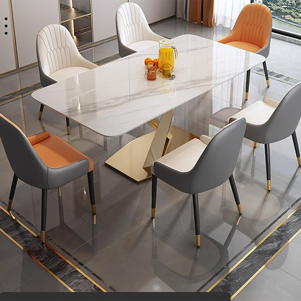 Orren Ellis Lesle Rectangular Stone Top Dining Table with Gold XBase